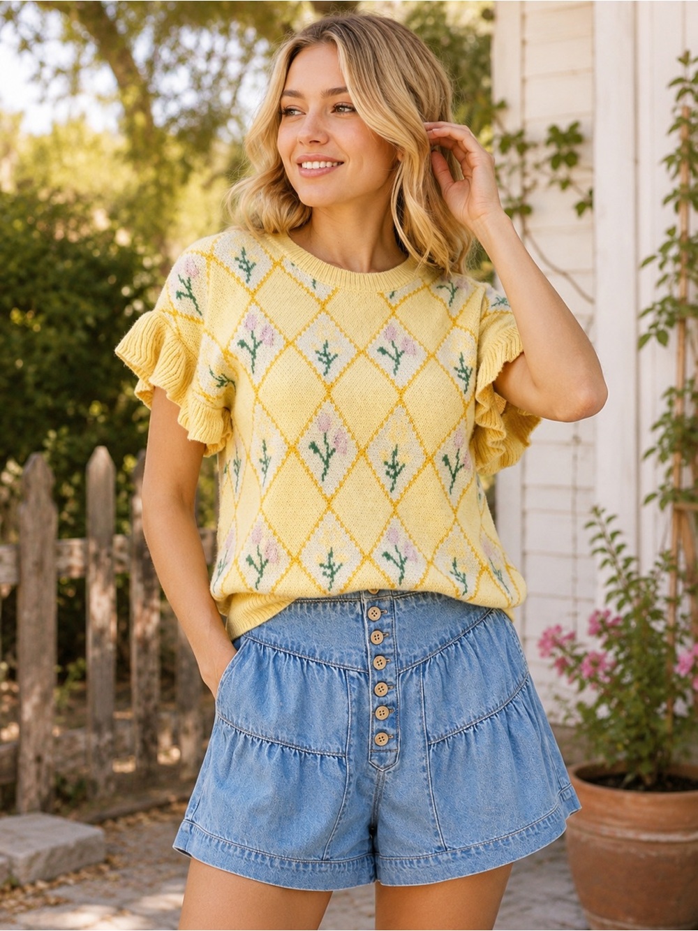 Very J Yellow Floral Argyle Ruffle Sleeve Knit Top